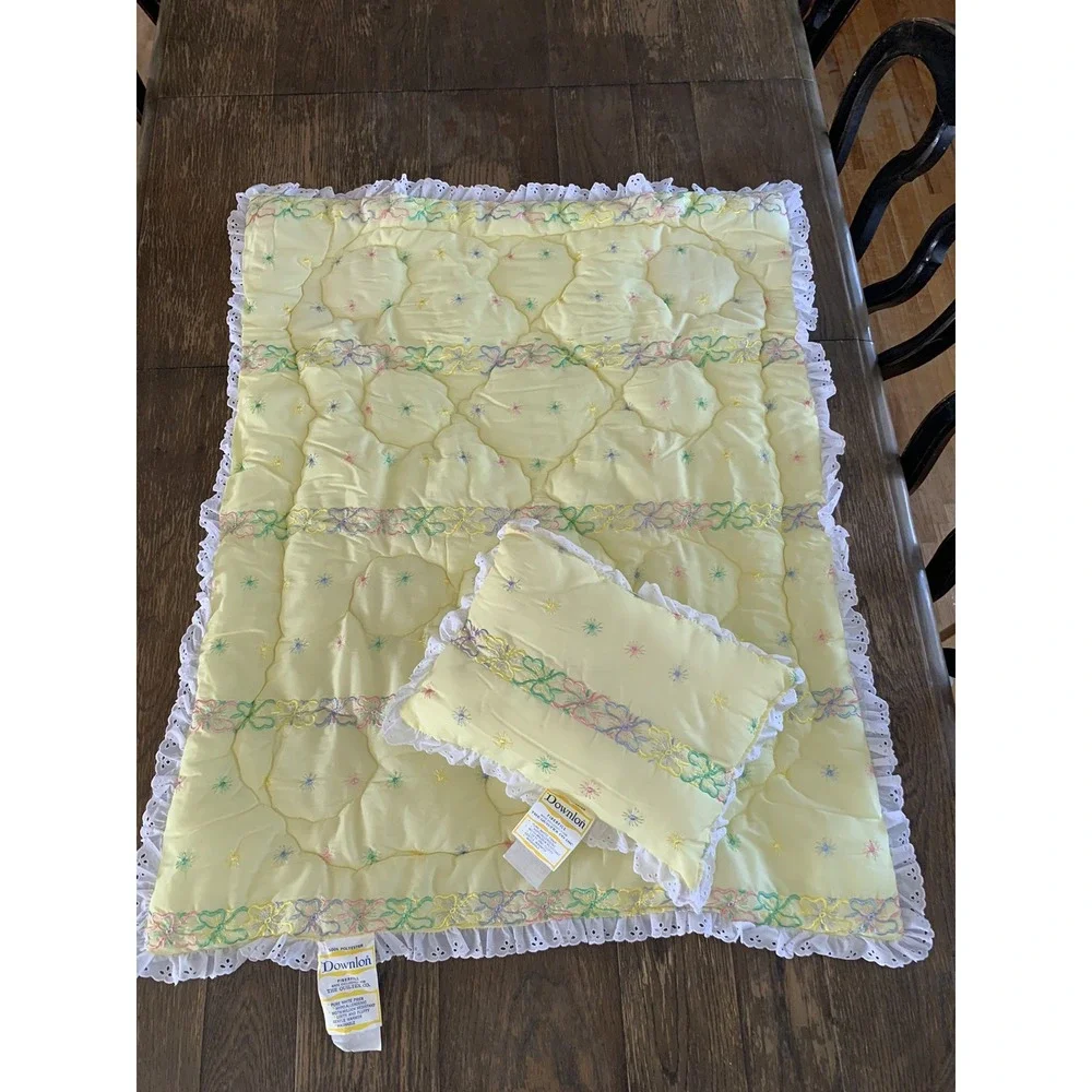 Downlon‎ Vintage 50's 60's New Baby Blanket Set Yellow Flower Ribbon Lace